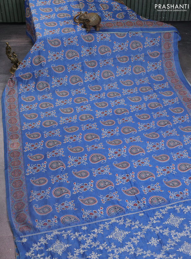 Semi chanderi saree blue with allover prints and embroidery pallu