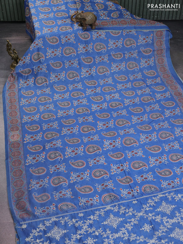 Semi chanderi saree blue with allover prints and embroidery pallu