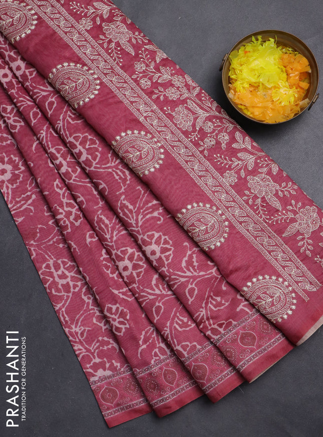 Semi chanderi saree pink with allover prints and embroidery pallu