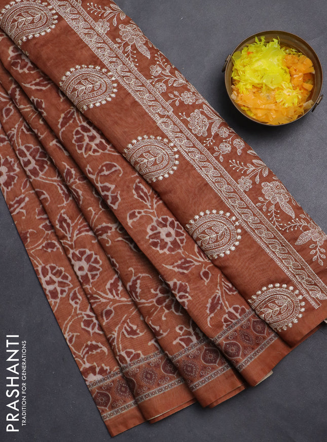 Semi chanderi saree dark mustard with allover prints and embroidery pallu