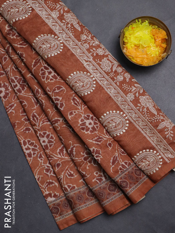 Semi chanderi saree dark mustard with allover prints and embroidery pallu