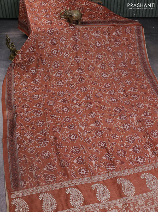 Semi chanderi saree dark mustard with allover prints and embroidery pallu