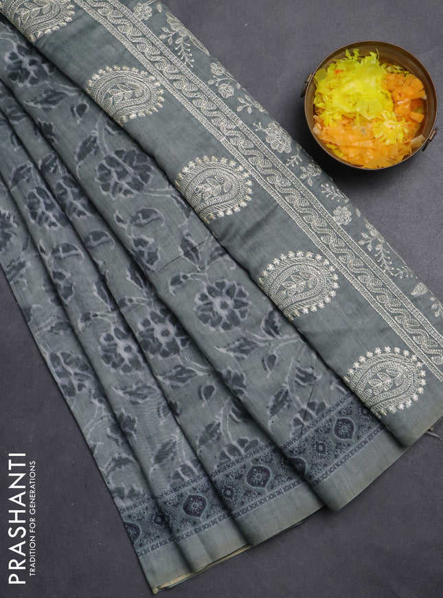 Semi chanderi saree greyish green with allover prints and embroidery pallu