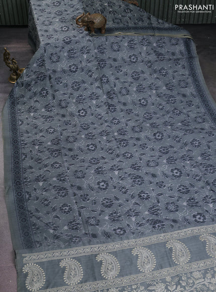 Semi chanderi saree greyish green with allover prints and embroidery pallu