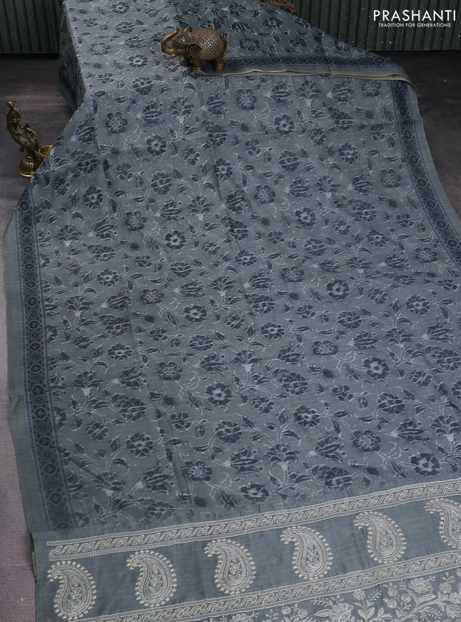 Semi chanderi saree greyish green with allover prints and embroidery pallu