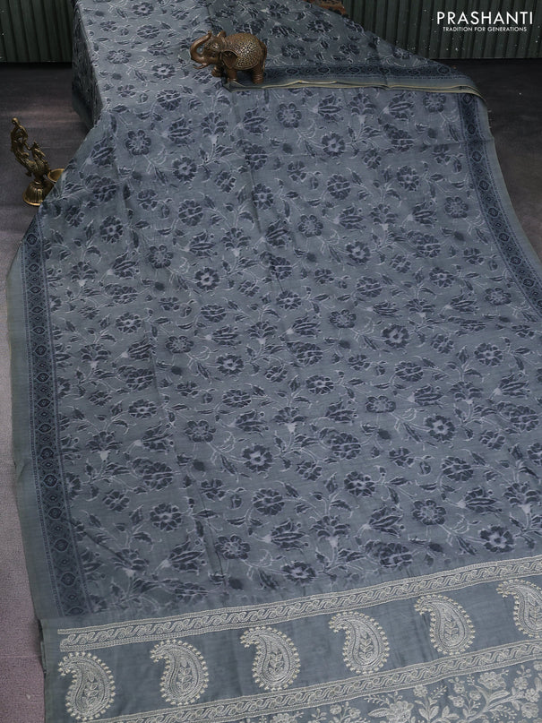 Semi chanderi saree greyish green with allover prints and embroidery pallu