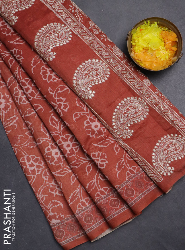 Semi chanderi saree rust shade with allover prints and embroidery pallu