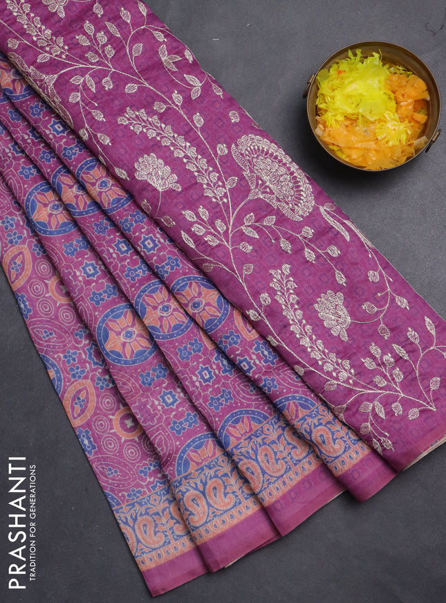 Semi chanderi saree magenta pink with allover ajrakh prints and embroidery pallu