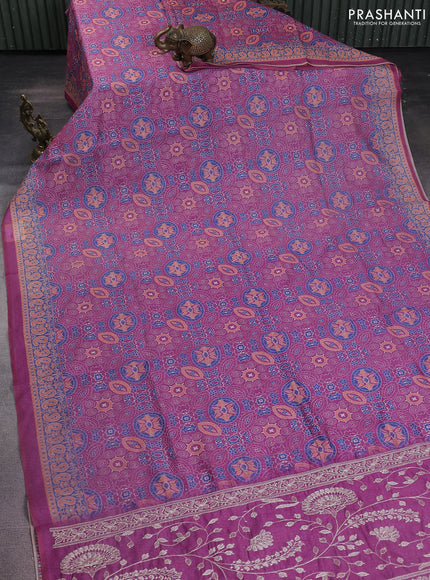 Semi chanderi saree magenta pink with allover ajrakh prints and embroidery pallu