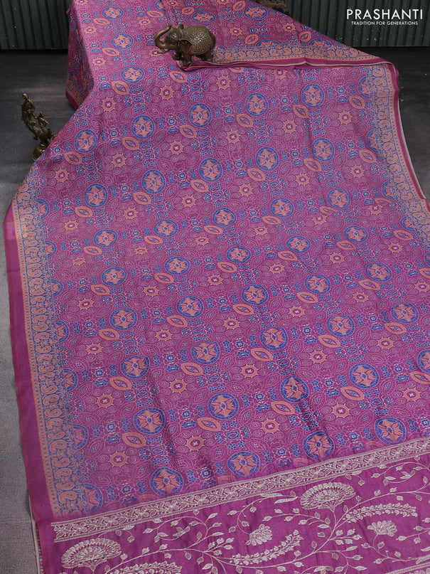 Semi chanderi saree magenta pink with allover ajrakh prints and embroidery pallu