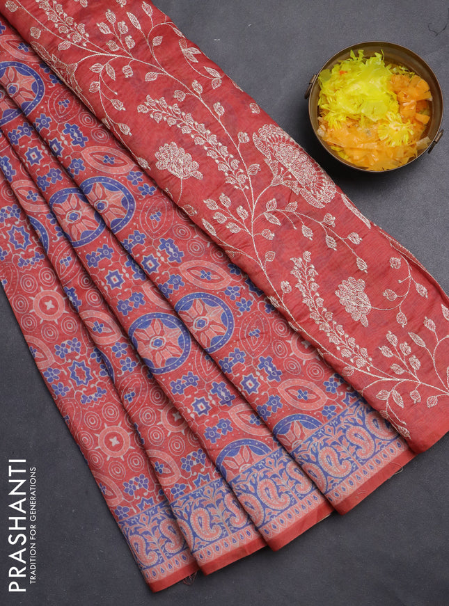 Semi chanderi saree peach orange with allover ajrakh prints and embroidery pallu