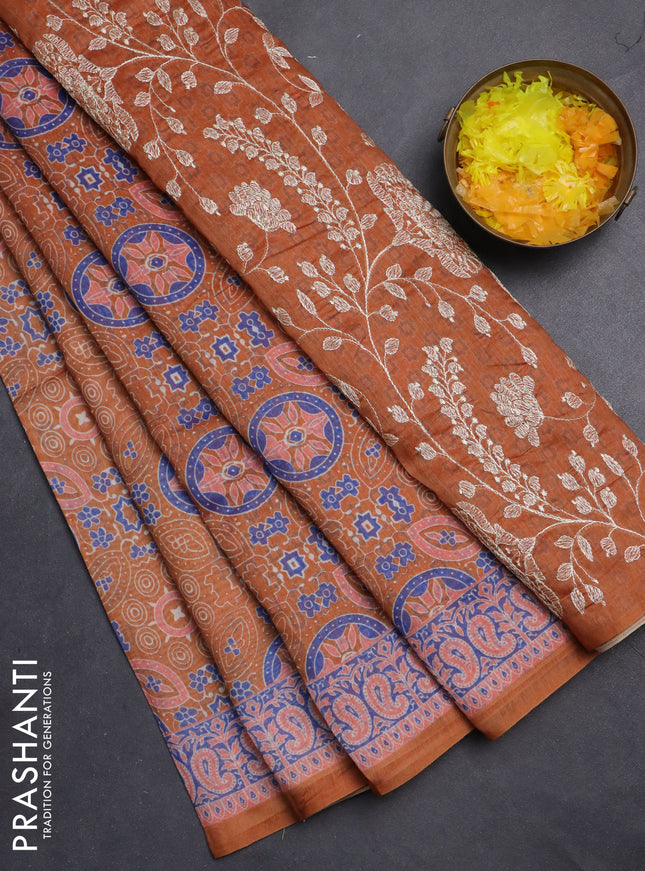 Semi chanderi saree mustard yellow with allover ajrakh prints and embroidery pallu