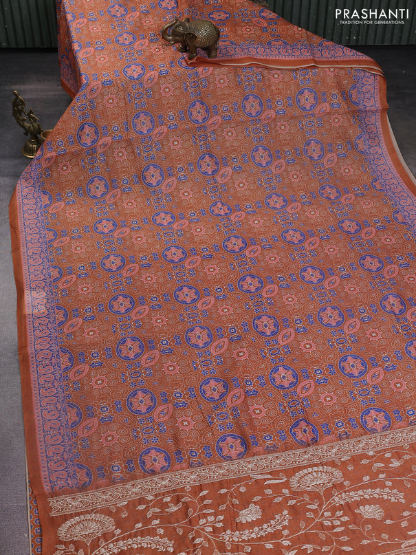 Semi chanderi saree mustard yellow with allover ajrakh prints and embroidery pallu