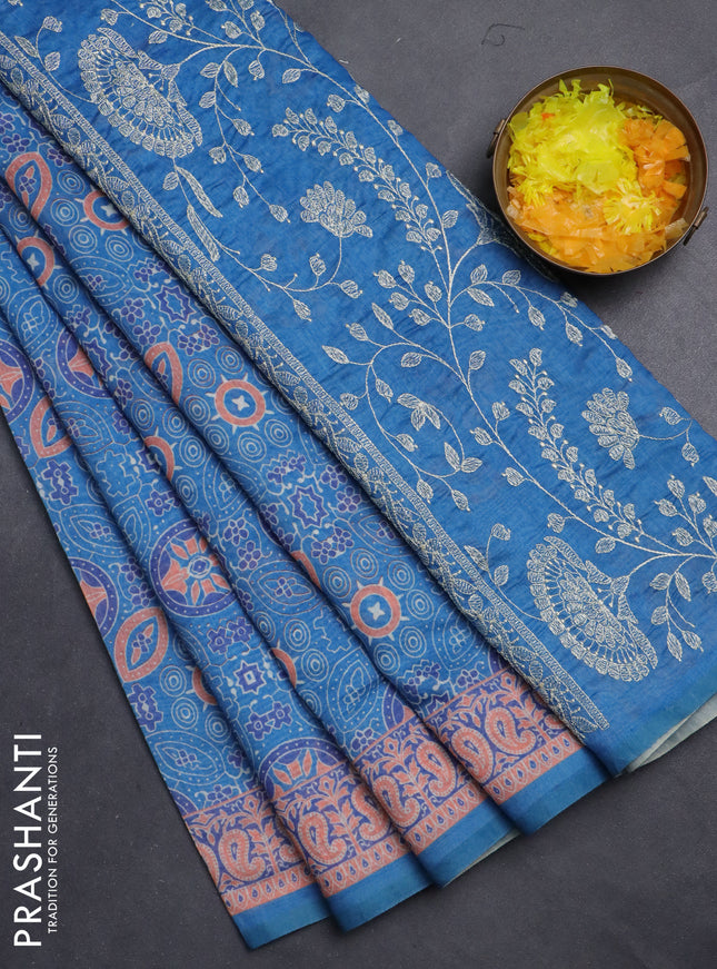Semi chanderi saree blue with allover ajrakh prints and embroidery pallu