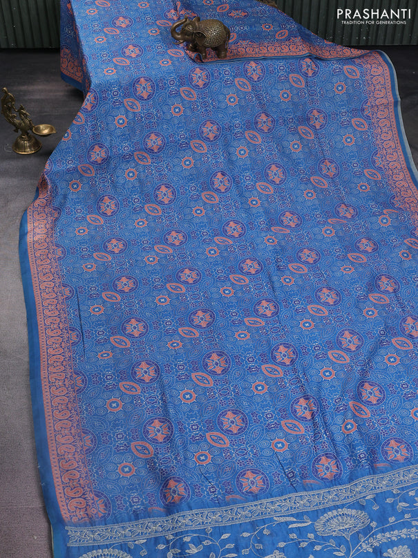 Semi chanderi saree blue with allover ajrakh prints and embroidery pallu