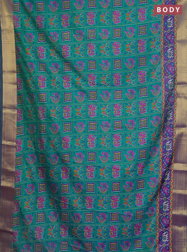 Semi tussar saree teal green and violet with allover ikat prints and zari woven border