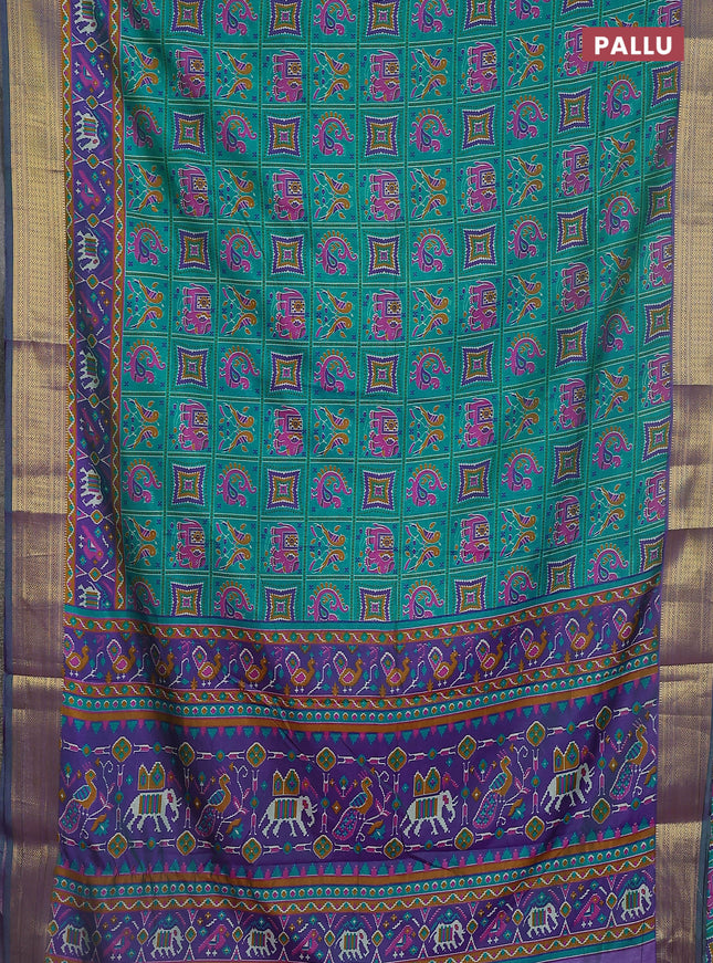 Semi tussar saree teal green and violet with allover ikat prints and zari woven border