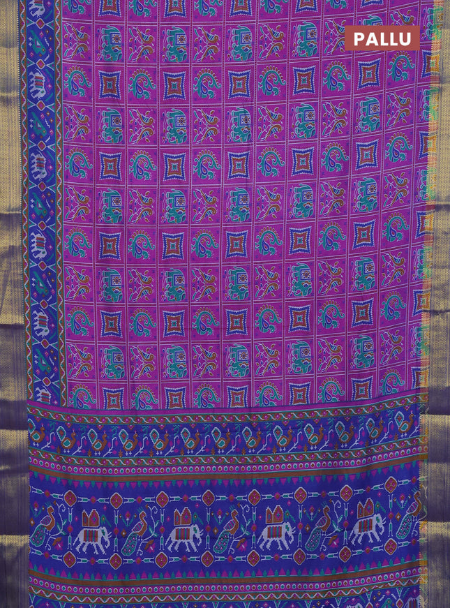 Semi tussar saree purple and blue with allover ikat prints and zari woven border