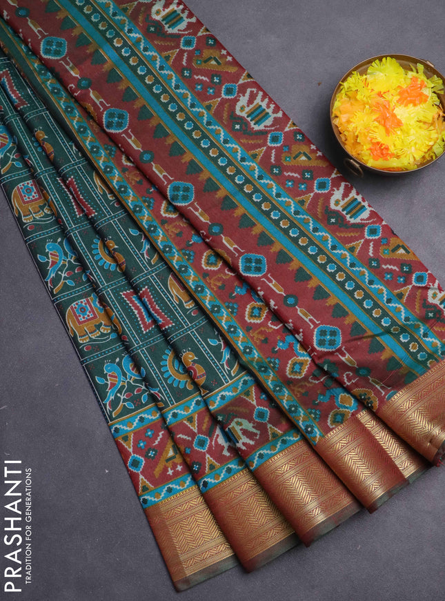 Semi tussar saree green and maroon with allover ikat prints and zari woven border