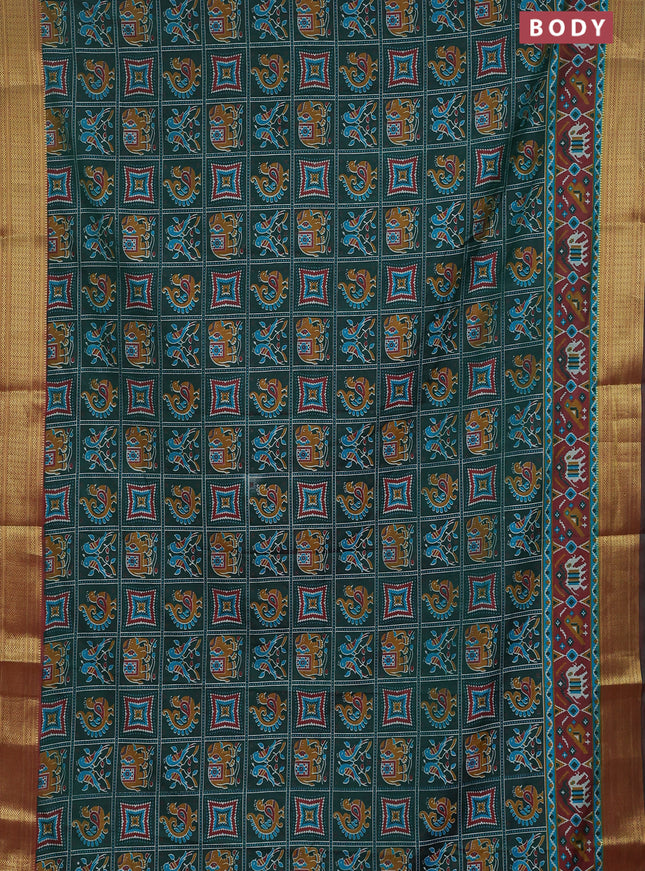 Semi tussar saree green and maroon with allover ikat prints and zari woven border