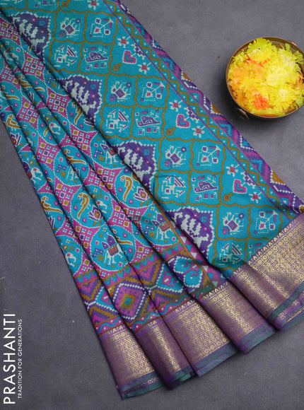 Semi tussar saree teal bluish green and purple with allover ikat prints and zari woven border