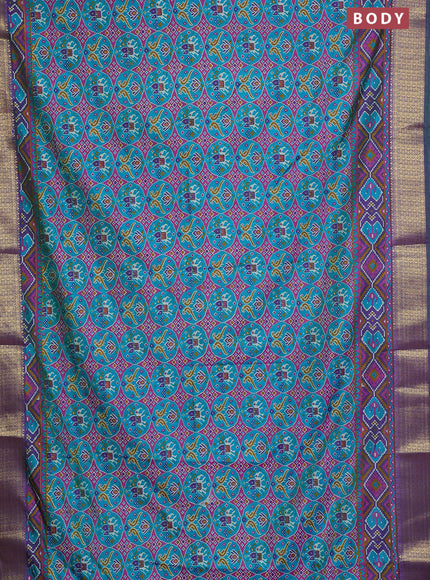 Semi tussar saree teal bluish green and purple with allover ikat prints and zari woven border