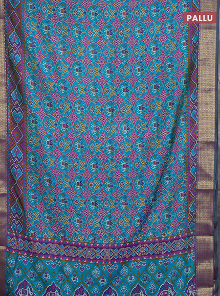 Semi tussar saree teal bluish green and purple with allover ikat prints and zari woven border