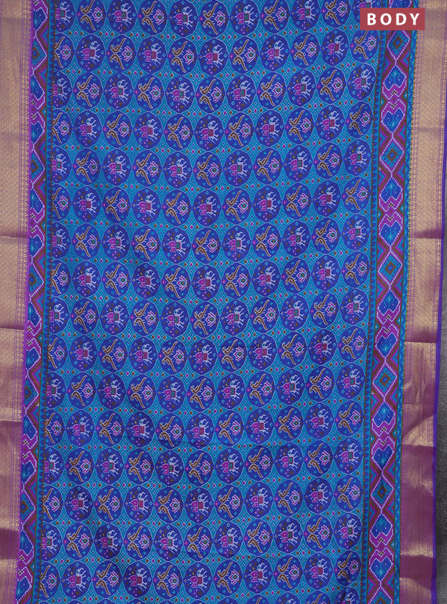 Semi tussar saree teal green and purple with allover ikat prints and zari woven border