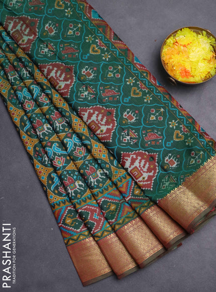 Semi tussar saree dark green and dual shade of maroon with allover ikat prints and zari woven border