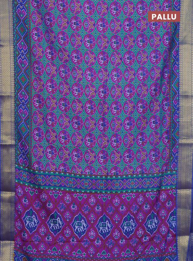 Semi tussar saree teal green and blue with allover ikat prints and zari woven border