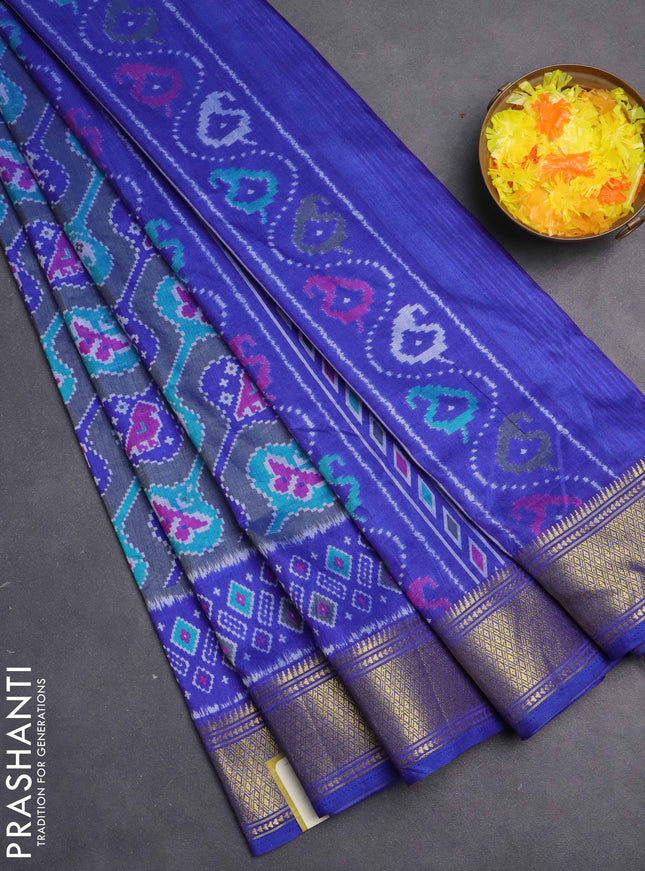 Semi tussar saree greyish blue and blue with allover ikat prints and zari woven border