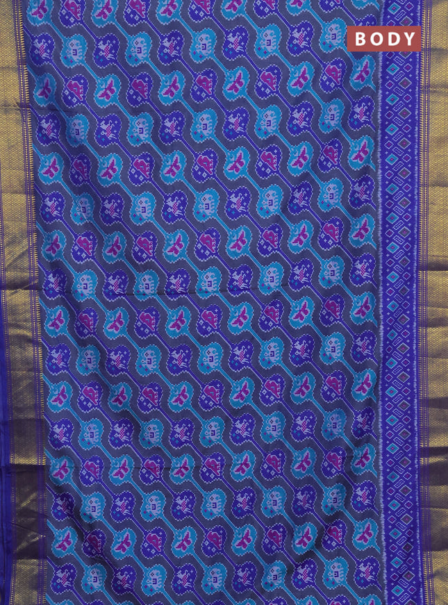 Semi tussar saree greyish blue and blue with allover ikat prints and zari woven border