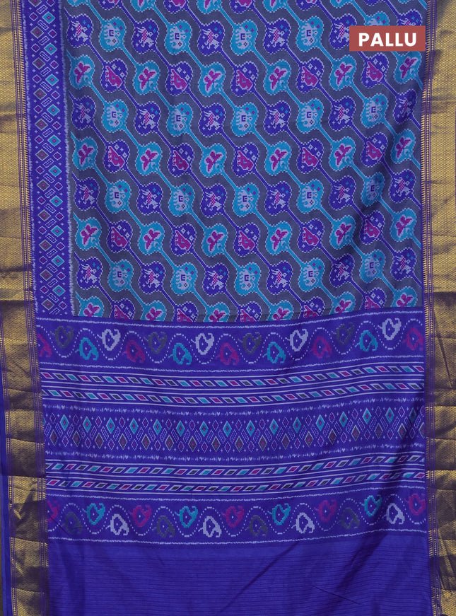 Semi tussar saree greyish blue and blue with allover ikat prints and zari woven border