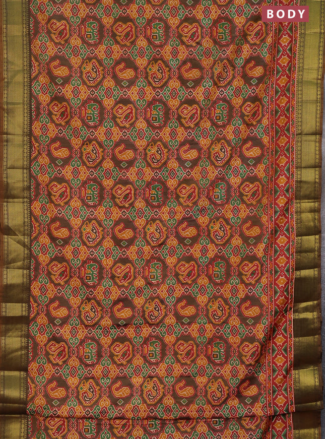 Semi tussar saree brown and maroon with allover ikat prints and zari woven border