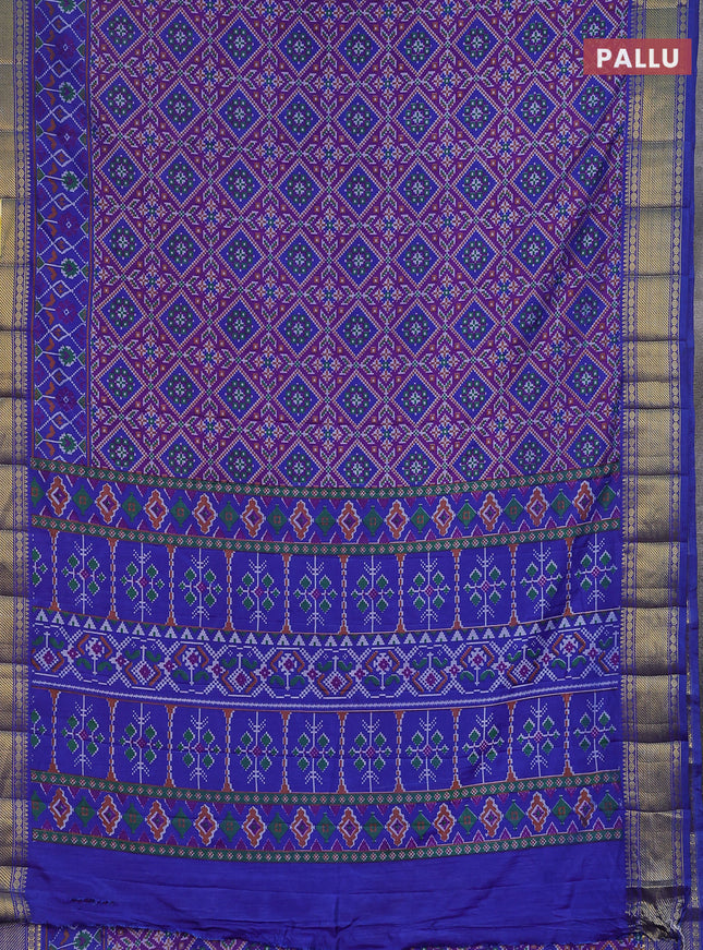 Semi tussar saree purple and blue with allover ikat prints and zari woven border