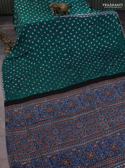 Modal silk saree peacock green and blue with allover bandhani butta prints and ajrakh printed pallu & Blouse