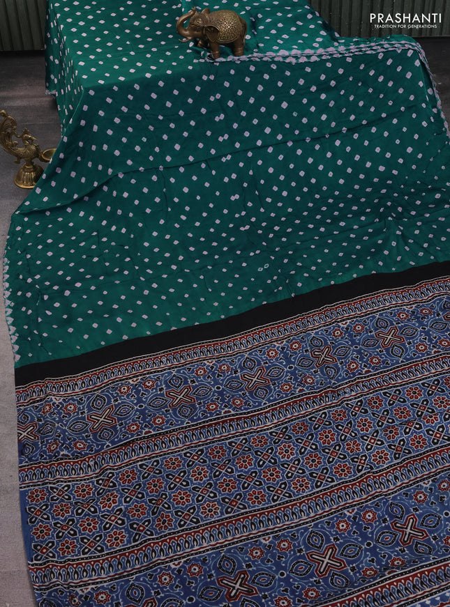 Modal silk saree peacock green and blue with allover bandhani butta prints and ajrakh printed pallu & Blouse