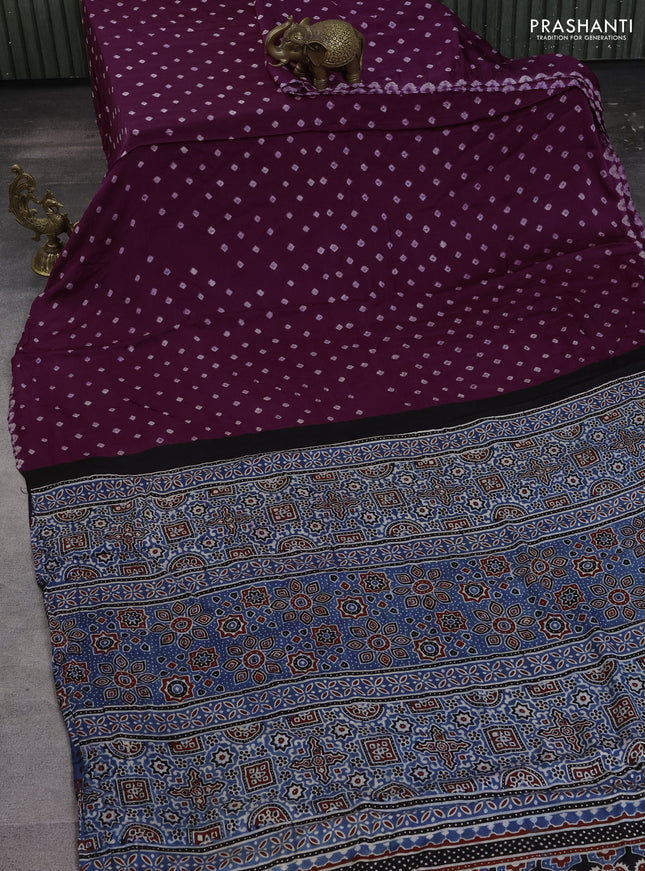 Modal silk saree purple and black with allover bandhani butta prints and ajrakh printed pallu & Blouse