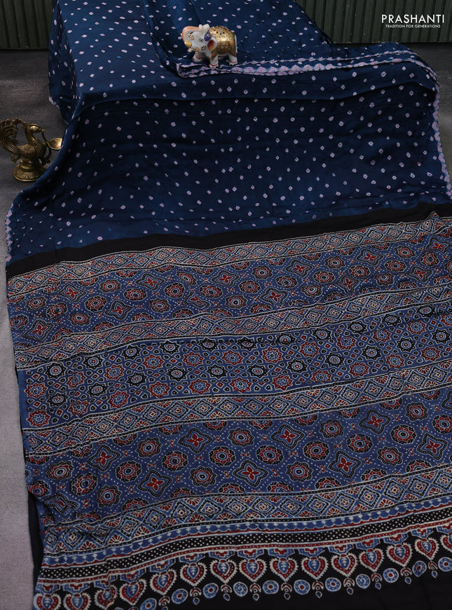 Modal silk saree peacock blue and blue with allover bandhani butta prints and ajrakh printed pallu & Blouse