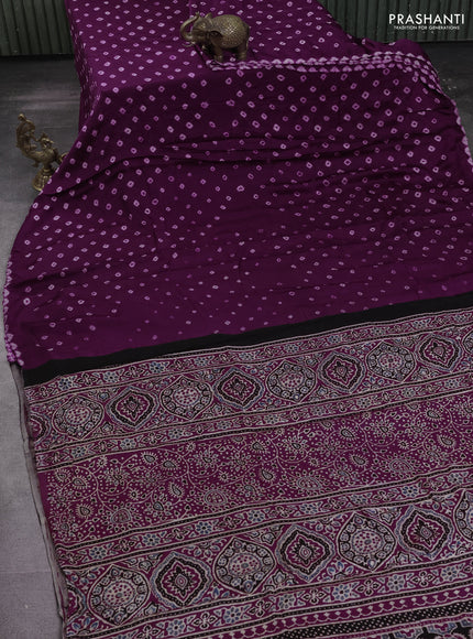 Modal silk saree deep purple and maroon with allover bandhani butta prints and ajrakh printed pallu & Blouse