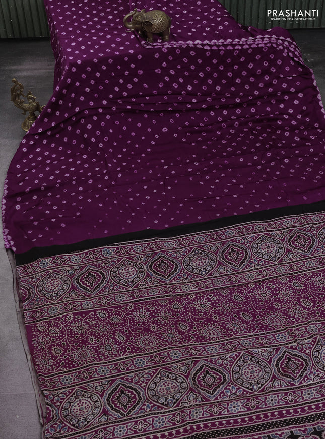 Modal silk saree deep purple and maroon with allover bandhani butta prints and ajrakh printed pallu & Blouse