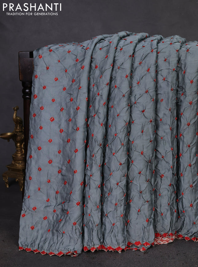 Modal silk saree pastel grey and maroon with allover bandhani butta prints and ajrakh printed pallu & Blouse