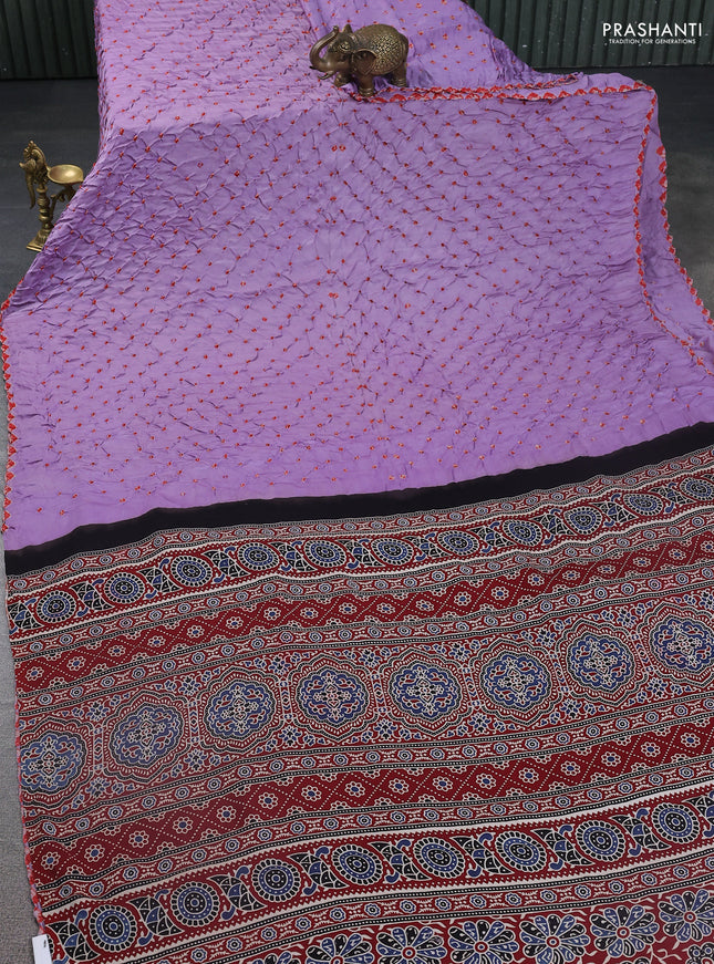 Modal silk saree lavender and maroon with allover bandhani butta prints and ajrakh printed pallu & Blouse