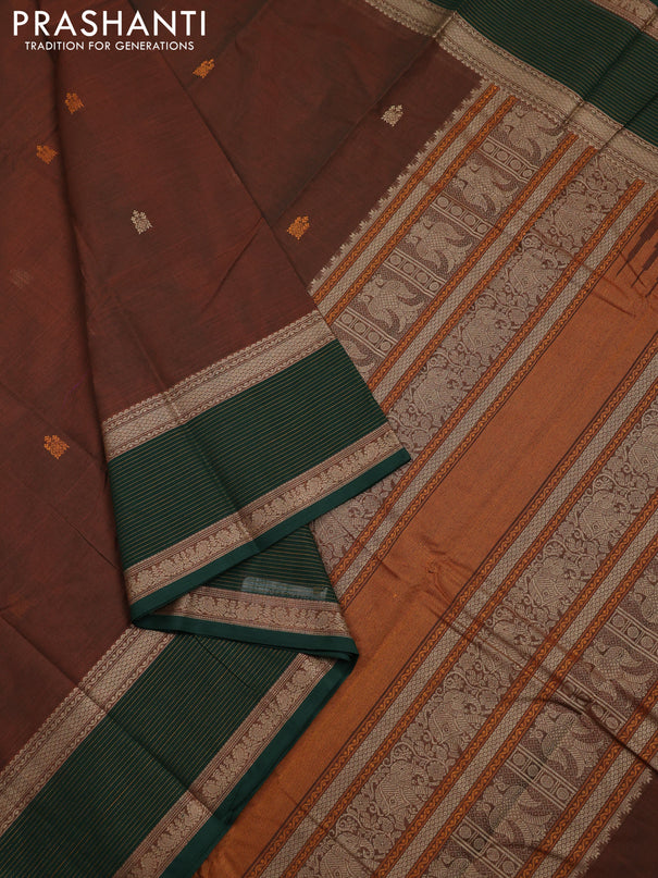 Kanchi cotton saree dual shade odf rust and green with thread woven buttas and long thread woven border