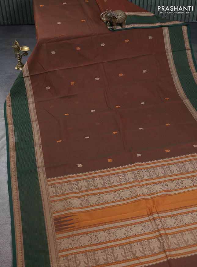 Kanchi cotton saree dual shade odf rust and green with thread woven buttas and long thread woven border