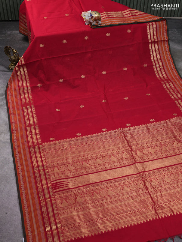 Kanchi cotton saree red and dual shade of green with zari woven buttas and thread & zari woven border