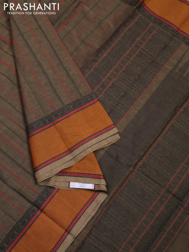 Kanchi cotton saree dark beige and dark mustard with allover thread stripe pattern and rettapet thread woven border