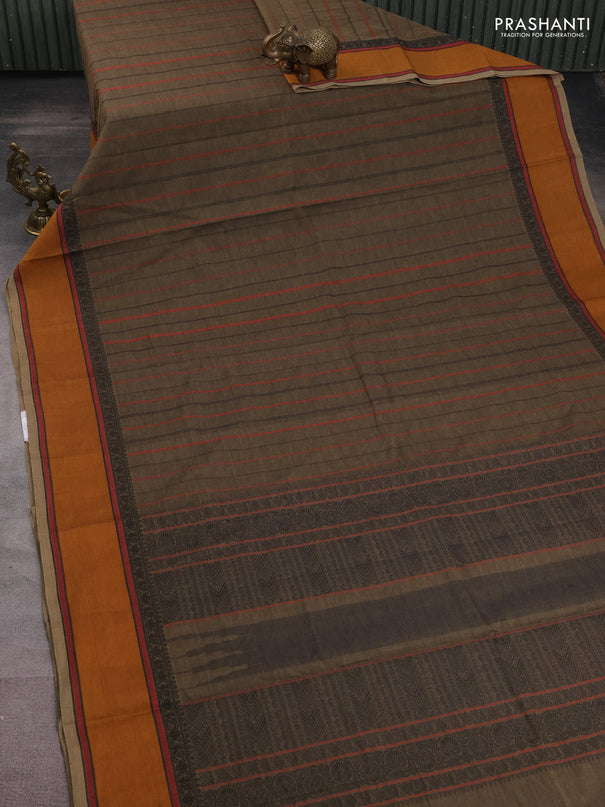 Kanchi cotton saree dark beige and dark mustard with allover thread stripe pattern and rettapet thread woven border