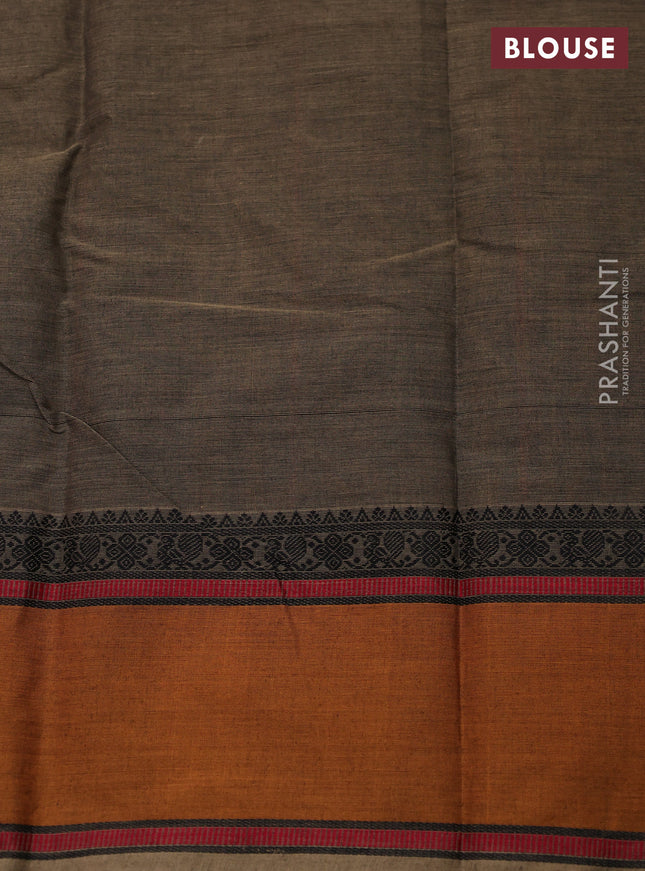 Kanchi cotton saree dark beige and dark mustard with allover thread stripe pattern and rettapet thread woven border