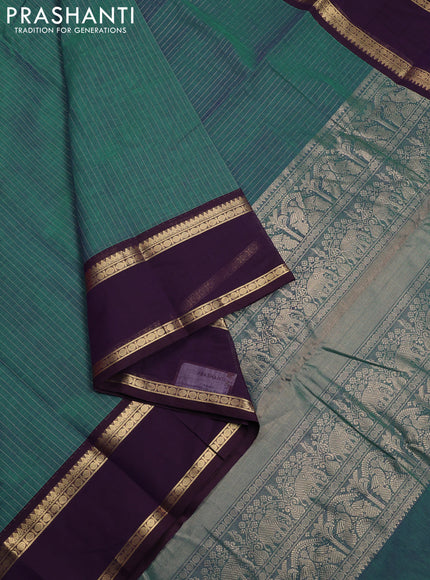 Kanchi cotton saree dual shade of teal green and wine shade with allover zari stripe pattern and rettapet zari woven border